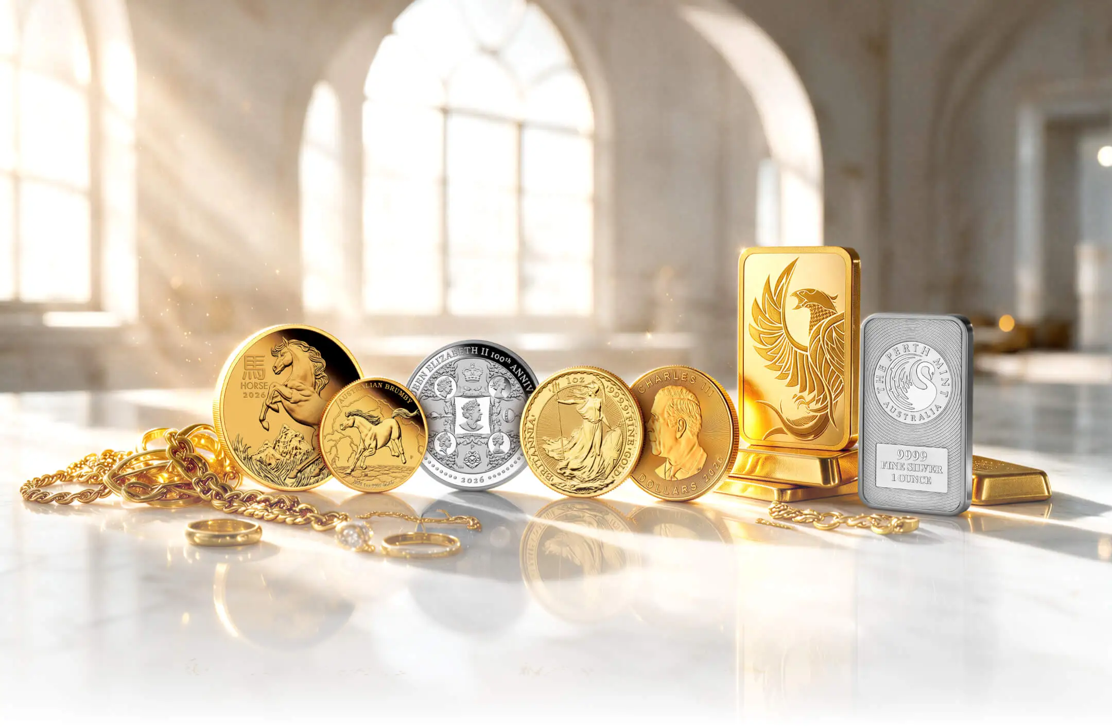 Gold coins, bars and jewellery